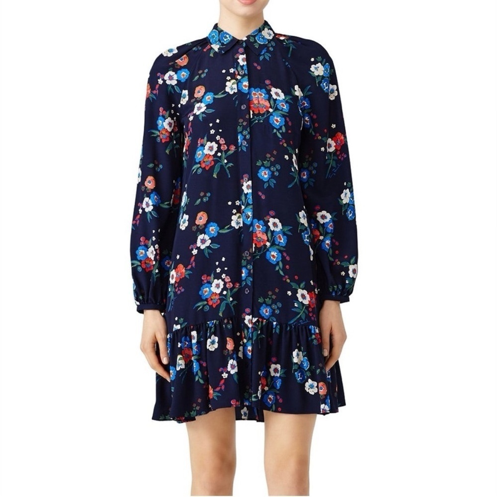 Tory Burch Gabrielle Silk Drop Waist Blue Pansy Floral Shirt Dress Blue